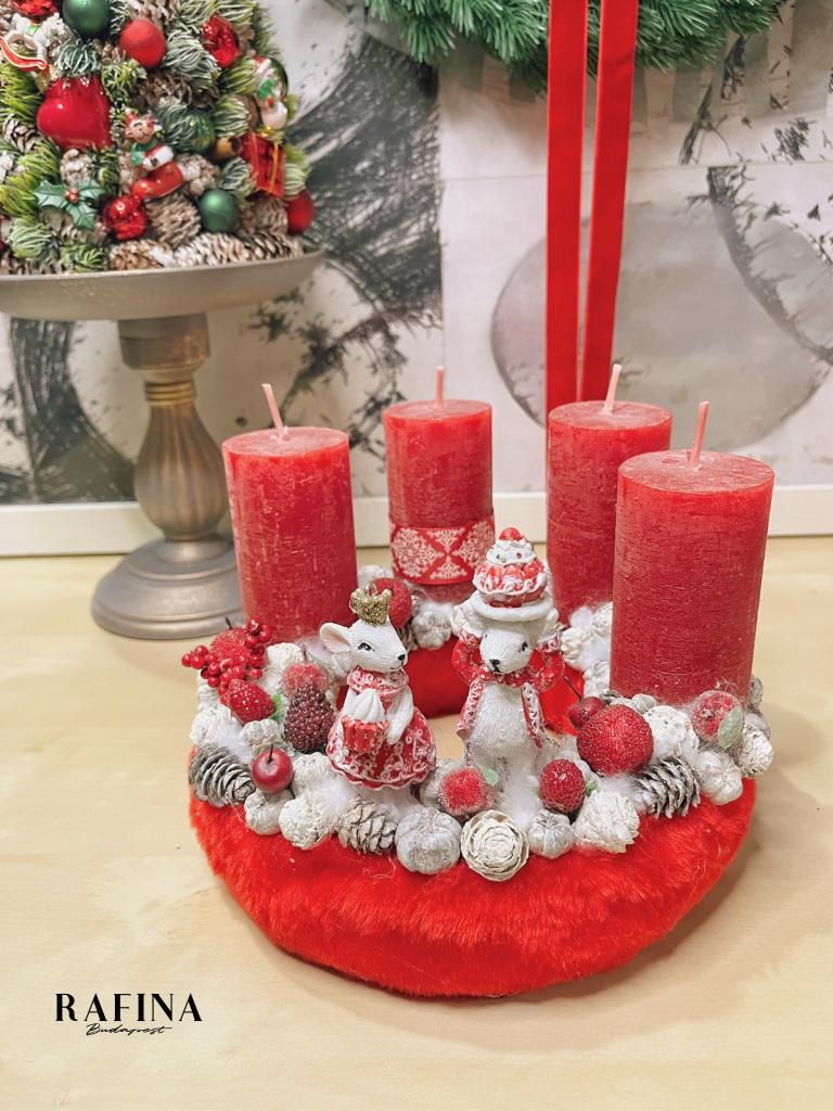 Adventi koszorú egérpárral piros színű 1