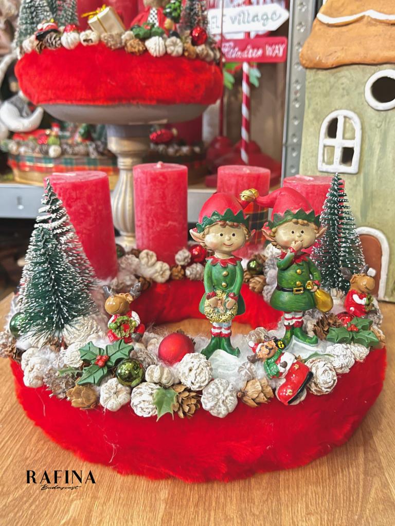 Adventi koszorú manókkal, piros-zöld, 28cm 1