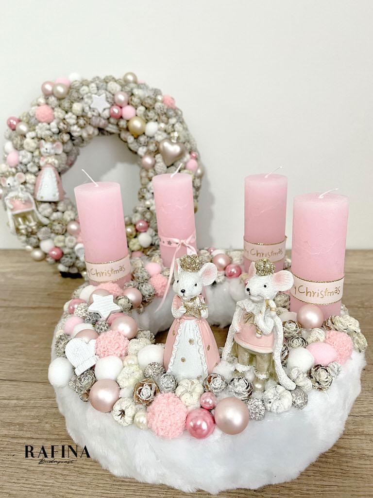Pasztell adventi koszorú egér királyi párral 1