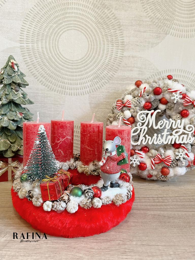 Adventi koszorú egérrel, piros színű 1