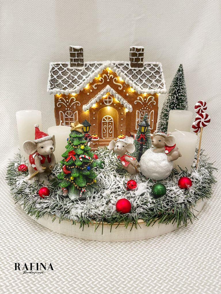 Mézeskalácsház adventi koszorú egérrel 1