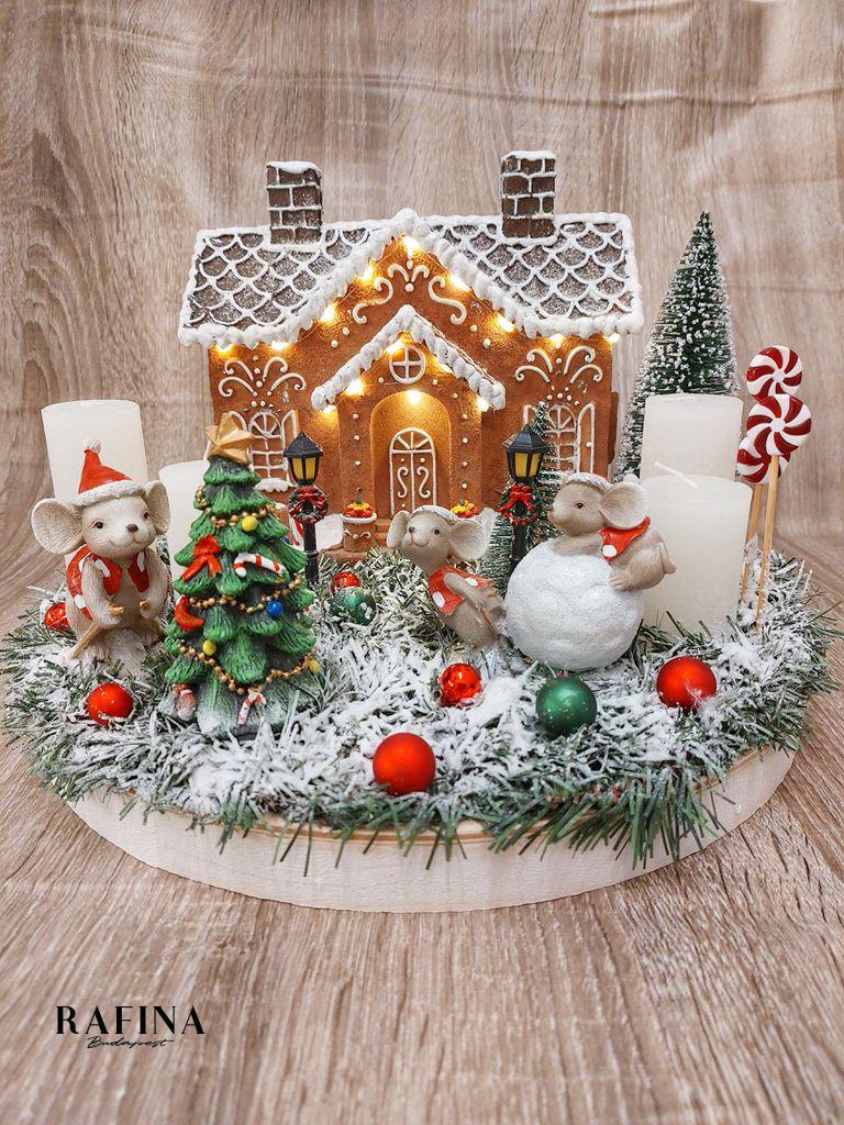 Mézeskalácsház adventi koszorú egérrel 1