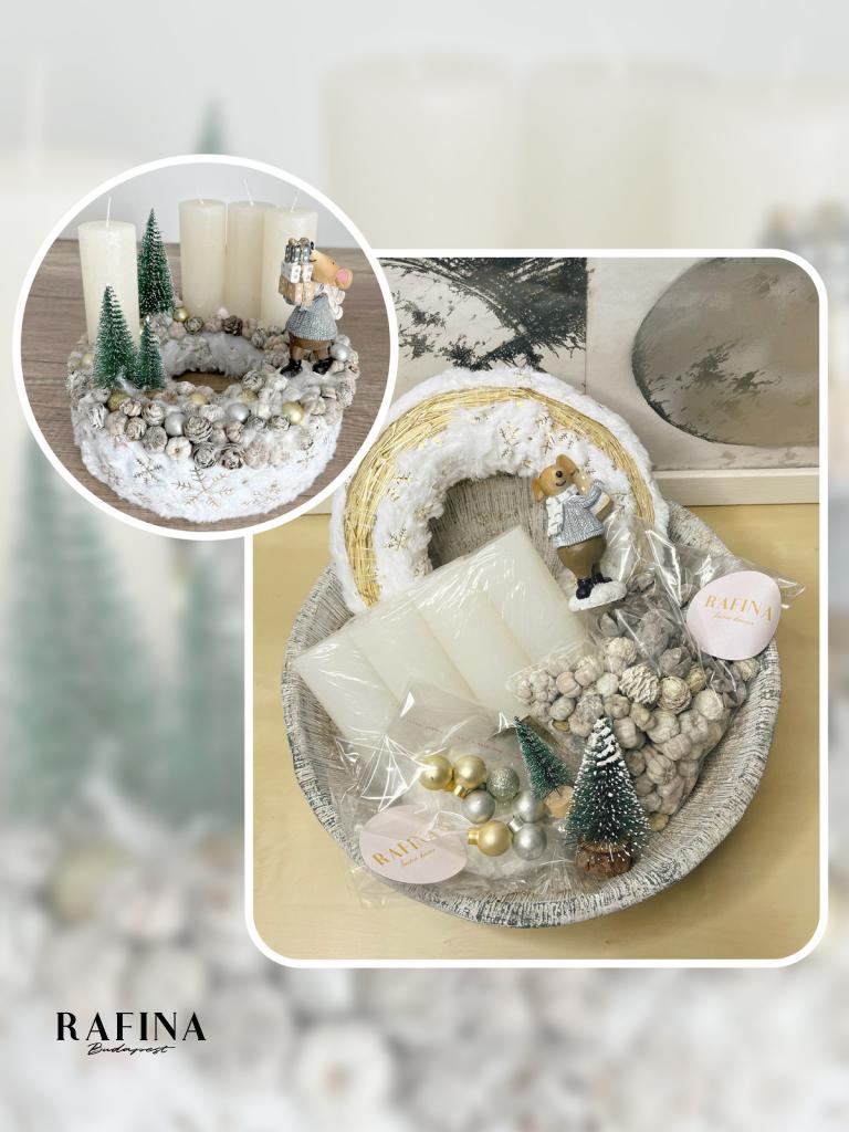 Csináld magad fehér-arany-szürke adventi koszorú egérrel 1
