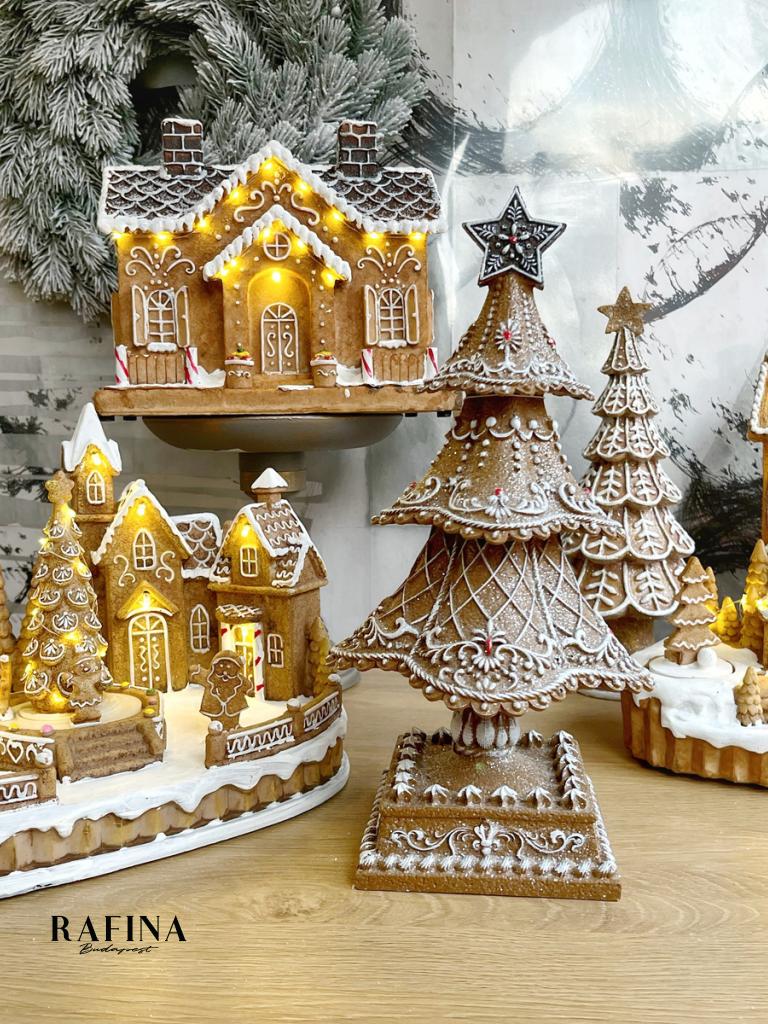 Mézeskalács város fenyővel Led-es30x20x21cm világítós 1