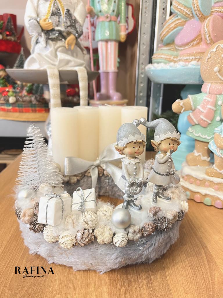 Adventi koszorú manókkal, ezüst-fehér, 24cm 1