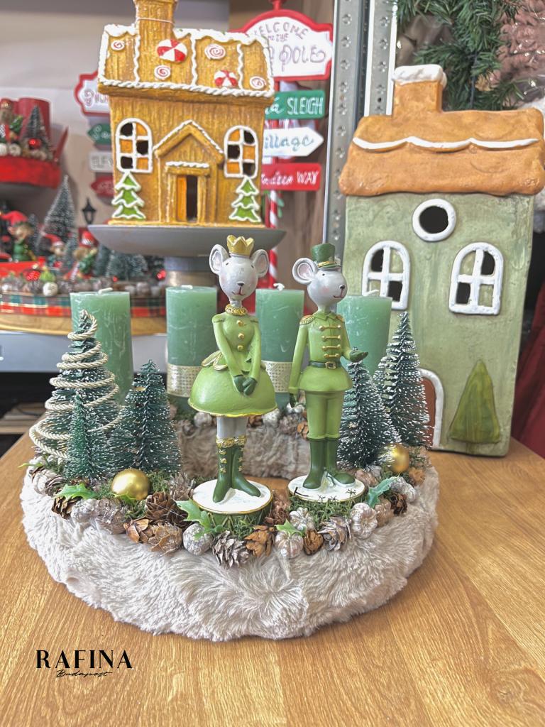 Adventi koszorú egér királyi párral, zöld-fehér, 28cm 1