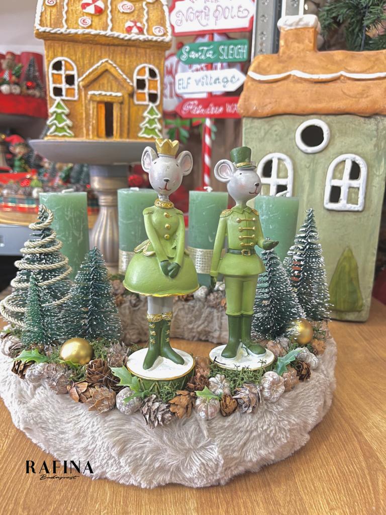 Adventi koszorú egér királyi párral, zöld-fehér, 28cm 1