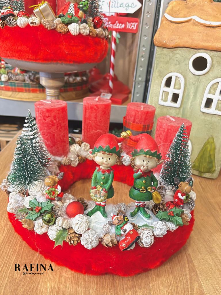 Adventi koszorú manókkal, piros-zöld, 28cm 1