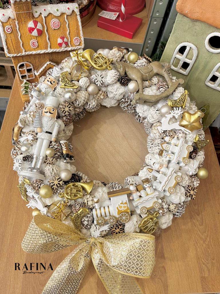 Adventi kopogtató diótörővel és vonattal, fehér-arany, 34cm 1