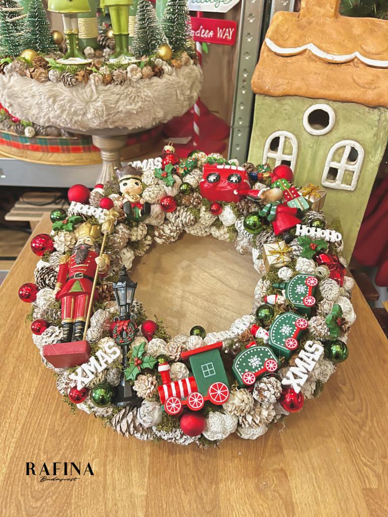 Adventi kopogtató diótörővel és vonattal, piros-zöld, 34cm 1