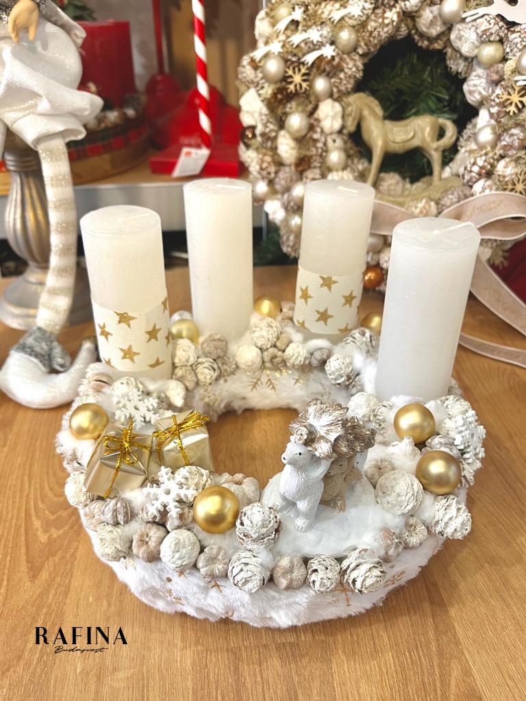 Adventi koszorú jegesmedvével és mókussal, fehér-arany, 28cm 1
