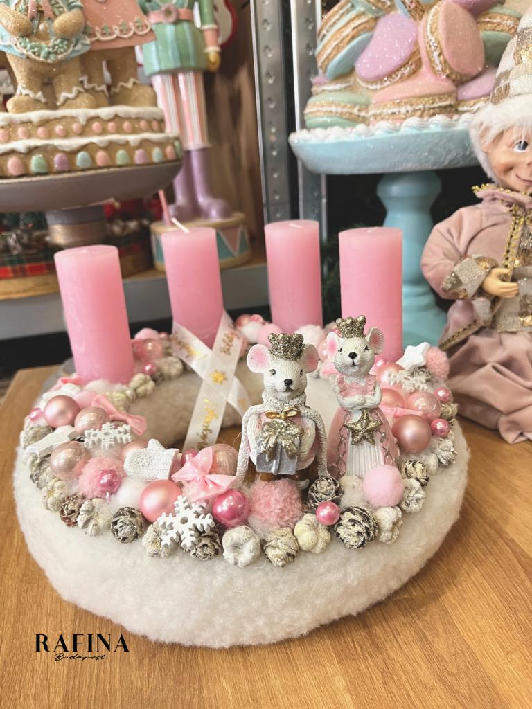 Adventi koszorú egér királyi párral, pasztell rózsaszín, 28cm 1